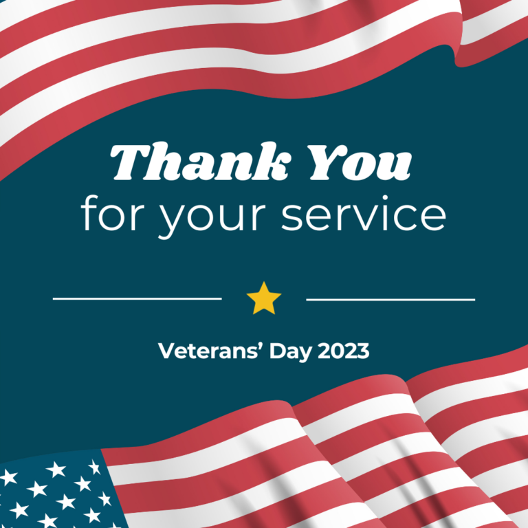 A graphic: a blue square with images of the American flag across the top and bottom. In the center, text reads "Thank you for your service" and "Veterans' Day 2023"
